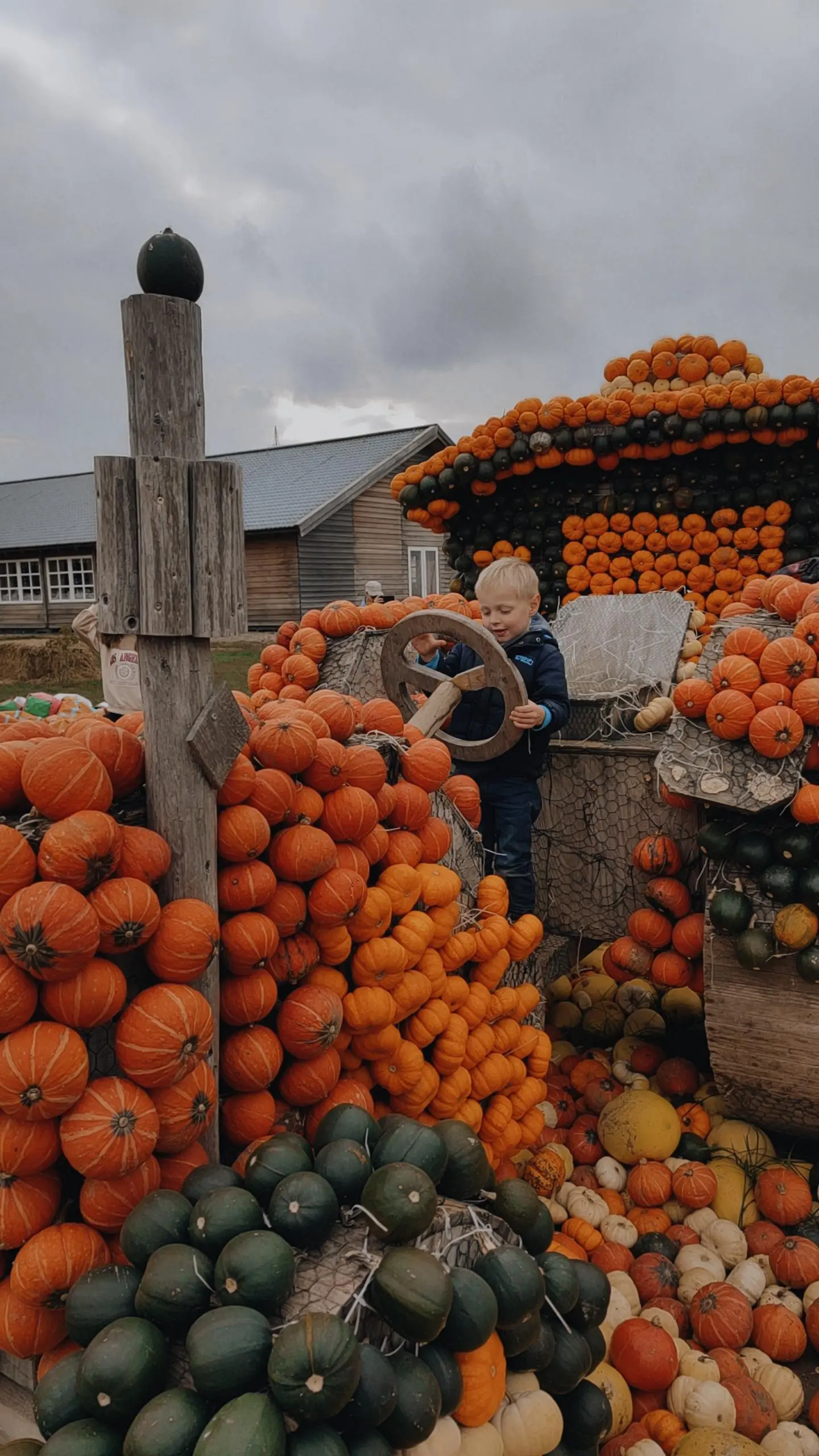 Ein Junge sitzt auf einem selbstgebauten Traktor aus Kürbissen und Holz