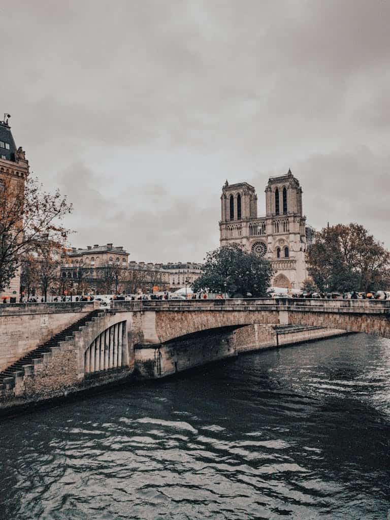 Der Notre Dame mit einer Brücke und einem Fluss im Vordergrund