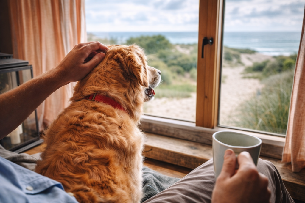 Urlaub mit Hund in Norddeutschland ChatGPT Image 12. Jan. 2026 21 46 04 Mensch und Hund am Fenster.