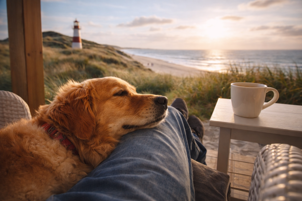 Urlaub mit Hund in Norddeutschland ChatGPT Image 12. Jan. 2026 21 46 09 Hund entspannt am Strand mit Mensch