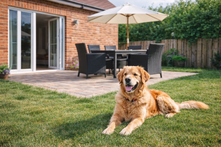 Hund im Garten vor Terrasse.