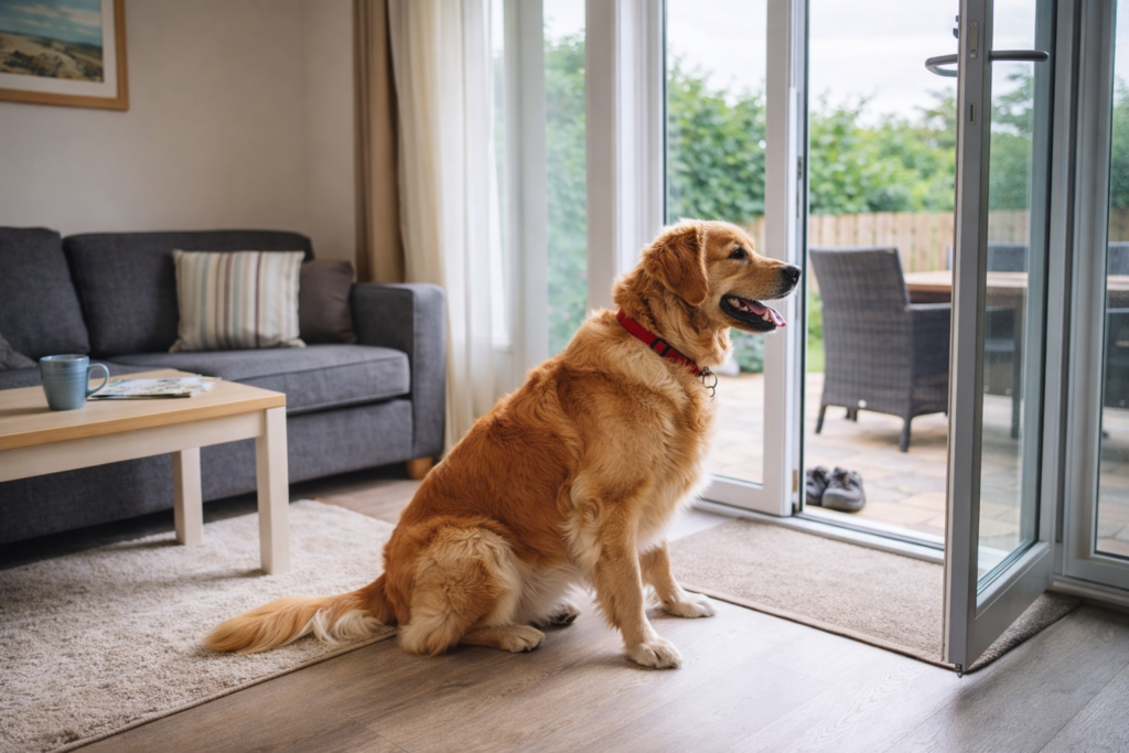 Ferienwohnung mit Hund – worauf wir heute wirklich achten ChatGPT Image 24. Jan. 2026 15 51 46 Hund sitzt vor der Glastür.