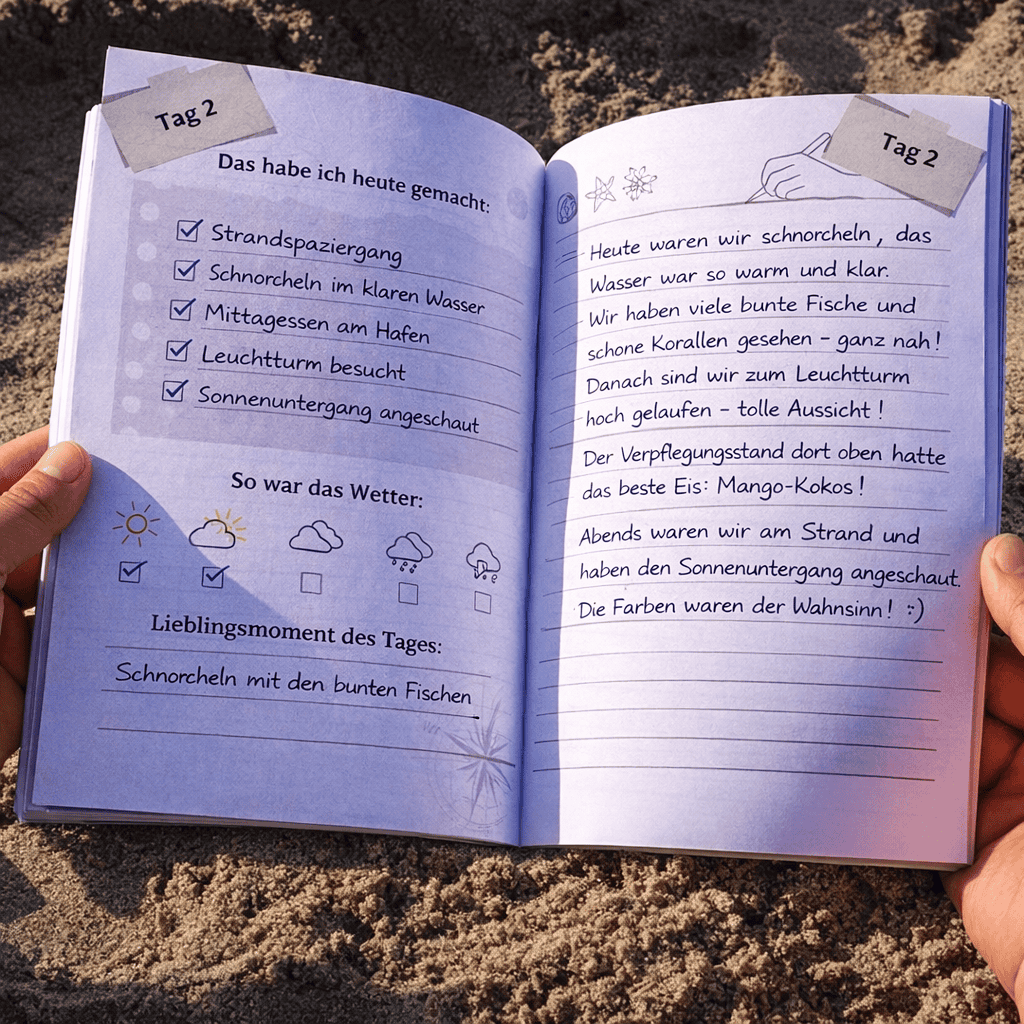 Einblick in ein Reisetagebuch mit täglichen Erlebnissen und Gedanken