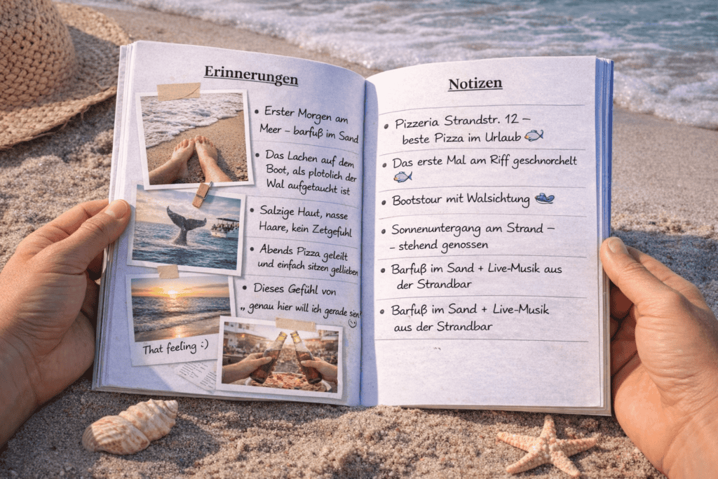 Offenes Reisetagebuch mit Platz für Fotos und persönliche Notizen
