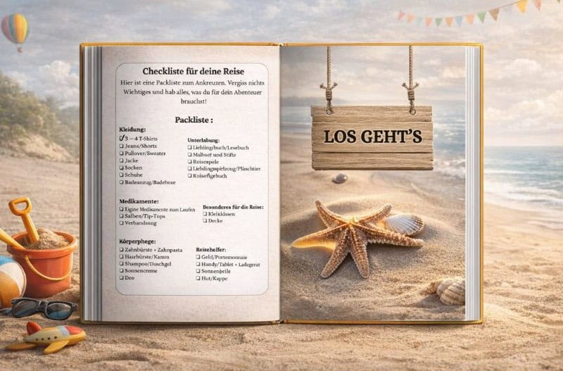 Reisetagebücher zum Ausfüllen – Erinnerungen festhalten statt vergessen reisetagebuch kinder checkliste ausfuellen urlaub Abenteuerliche Strandreise mit Checkliste und "Los geht's" Holzschild am Meer.