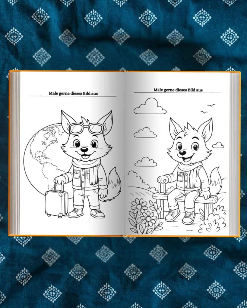 Camping in Burgh-Haamstede: Unsere Tipps für den Familienurlaub in den Niederlanden reisetagebuch fuer kinder niederlande 3 Abenteuerlustiger Fuchs mit Koffer, bereit für Reise, in einem Malbuch zum Ausmalen.