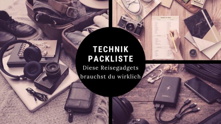 Technik Packliste für den Urlaub mit den wichtigsten Reisegadgets wie Kamera, Powerbank und Adapter