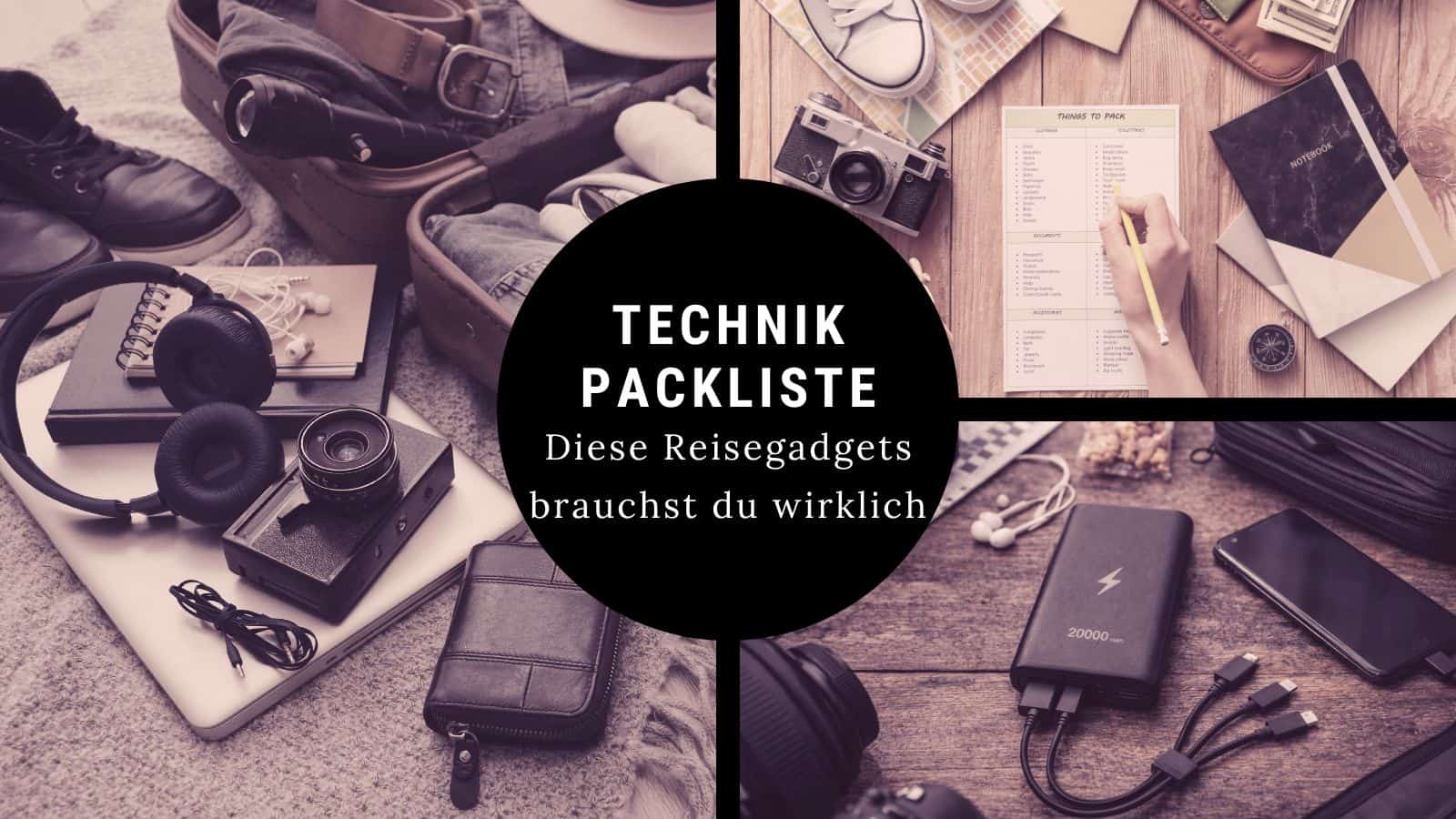 Technik Packliste für den Urlaub mit den wichtigsten Reisegadgets wie Kamera, Powerbank und Adapter