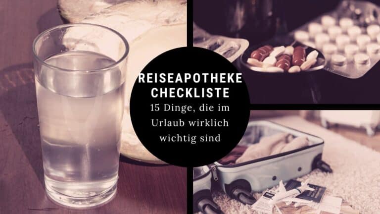 Reiseapotheke Checkliste mit Medikamenten, Pflastern und Thermometer für den Urlaub ausgelegt
