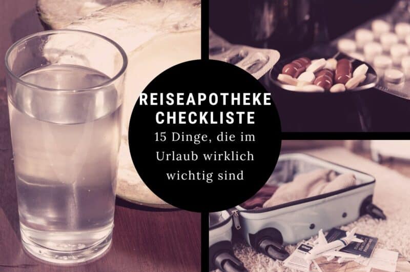 Reiseapotheke Checkliste mit Medikamenten, Pflastern und Thermometer für den Urlaub ausgelegt