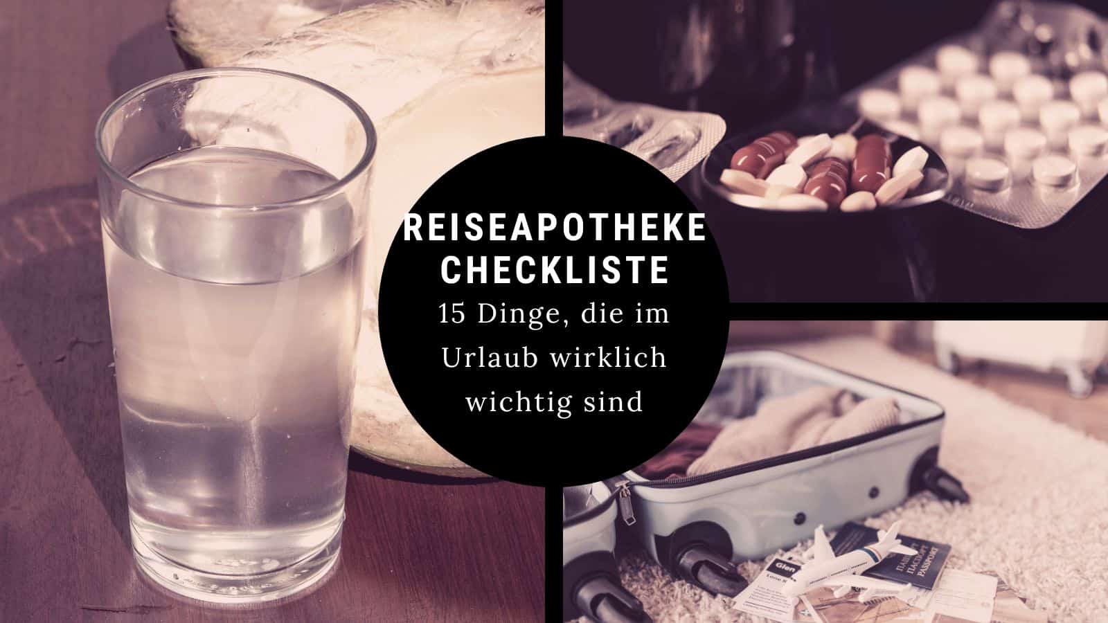 Reiseapotheke Checkliste mit Medikamenten, Pflastern und Thermometer für den Urlaub ausgelegt