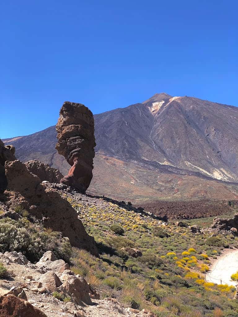 Breathtaking landscape of Mount Teide and iconic rock formation in Tenerife's national park.