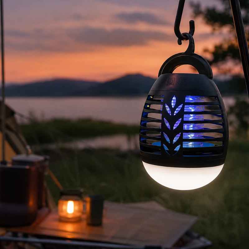 Hängelampe am Campingplatz bei Sonnenuntergang