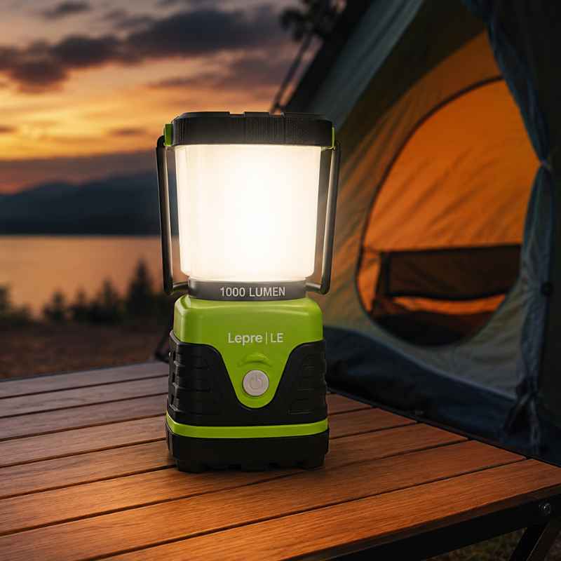 Campinglampen für den Campingurlaub- Helle Laterne vor Zelt am See