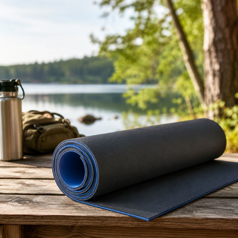 Schwarze Isomatte mit blauer Innenseite beim Camping am Seeufer in der Natur.
