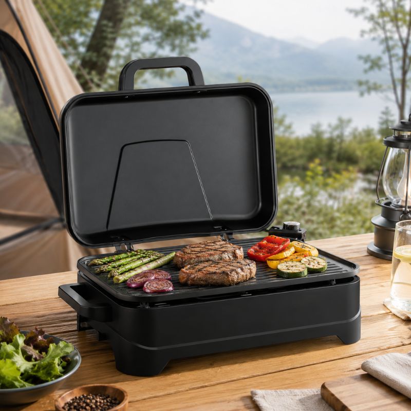 Schwarzer Camping-Tischgrill mit Steak und Gemüse auf einer Holztafel vor See- und Bergkulisse.
