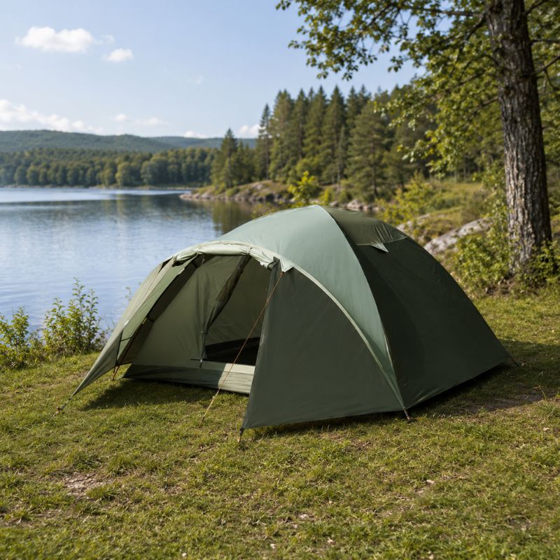 Welches Zelt kaufen? Die besten Zelte im Vergleich für deinen Urlaub Igluzelt empfehlung Grünes Campingzelt auf einer Wiese am See, ideal für naturnahen Campingurlaub.
