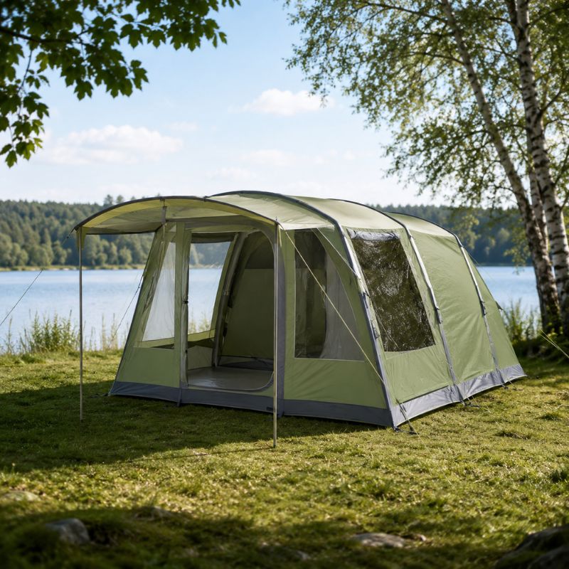 Welches Zelt kaufen? Die besten Zelte im Vergleich für deinen Urlaub Luxus camping zelt Geräumiges Campingzelt mit Vordach am See, ideal für Familienurlaub und längere Campingtrips.