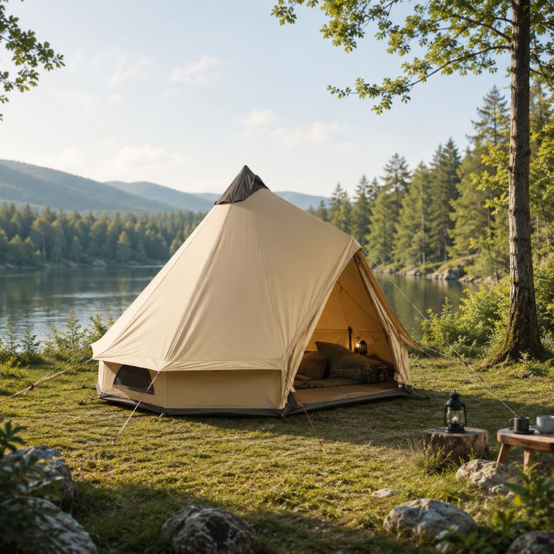 Welches Zelt kaufen? Die besten Zelte im Vergleich für deinen Urlaub Tippizelt famielienzelt Gemütliches beiges Campingzelt direkt am See, ideal für naturnahes Glamping und ruhige Outdoor-Abenteuer.