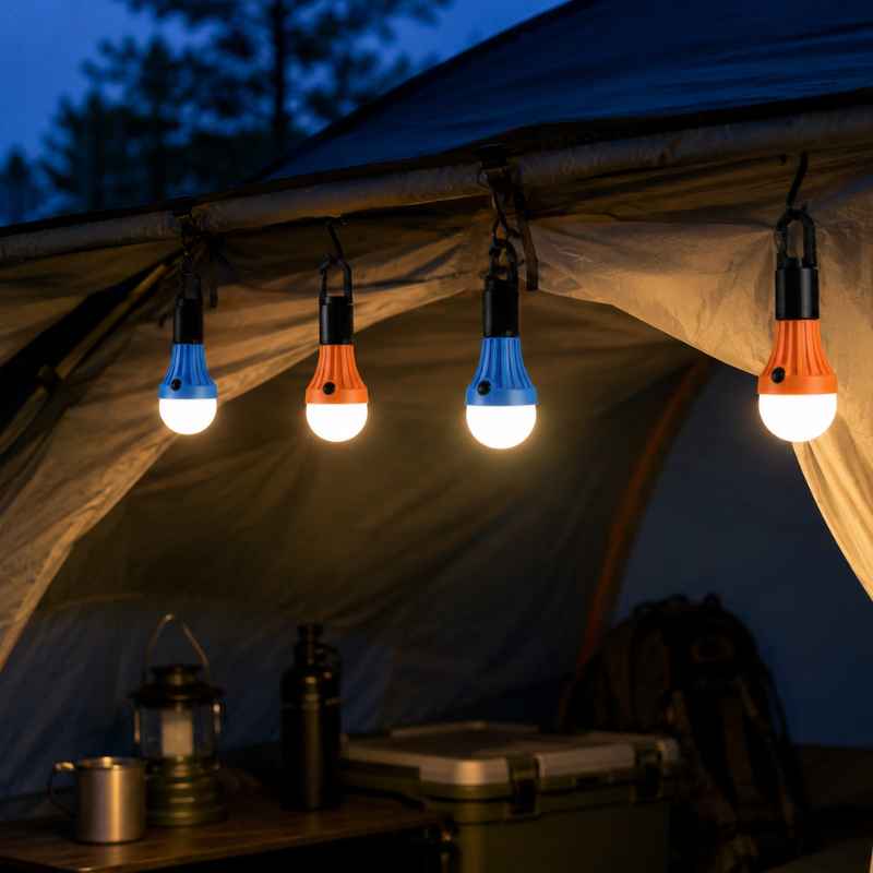 Hängelampen im Zelt bei Nacht