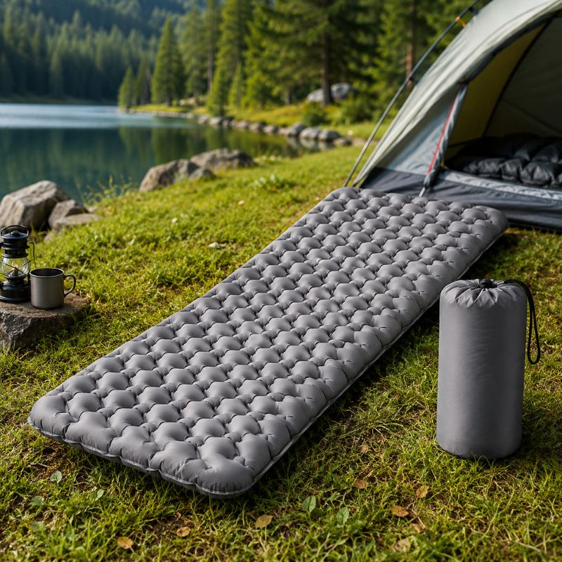 Leichte Camping-Isomatte auf einer Wiese am See, ideal für Zelturlaub und Outdoor-Abenteuer.
