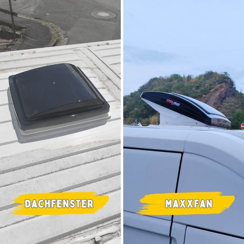 Dachluke im Fiat Ducato einbauen: So haben wir das Dachfenster in unseren Camper gesetzt maxxfan dachluke dackfenster vergleich unterschied 1 Dachluke und MaxxFan auf einem Camperdach.